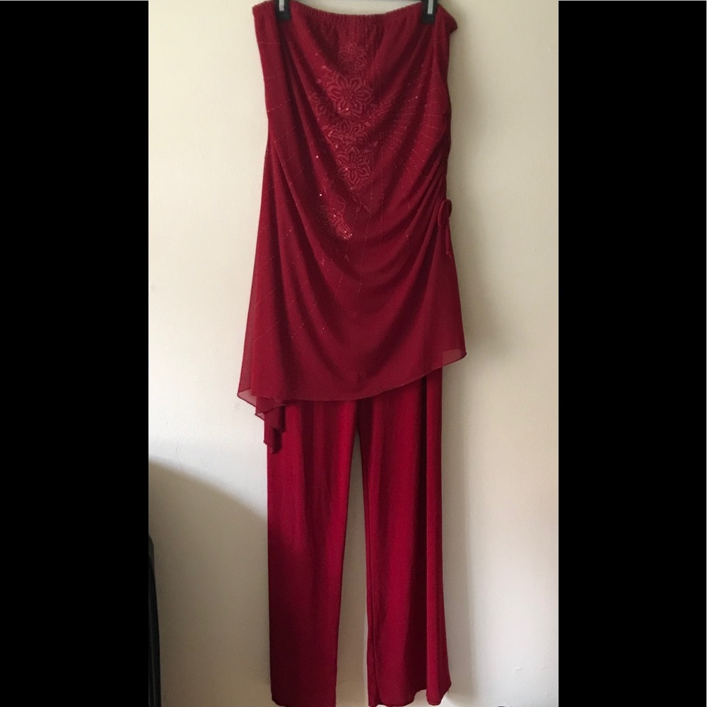 Strapless Maroon Red Sequin Evening Jumpsuit